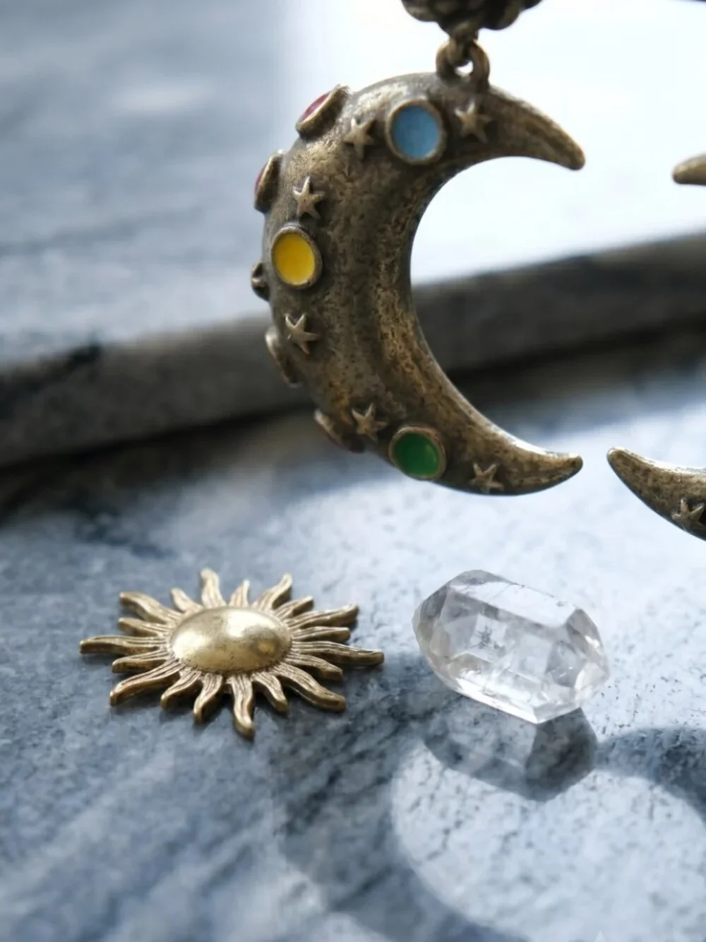 Antique Gold Crescent Moon Drop Earrings Celestial Star Multicolor Whimsigoth